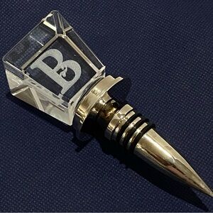 Faceted Glass Wine Bottle Stopper Silver Tone Monogram B Letter Barware Gift